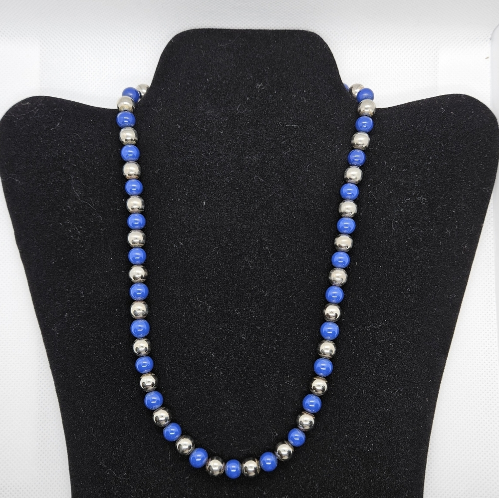 Vintage Les Bernard Blue Stone and Silver Tone Bead Necklace Signed